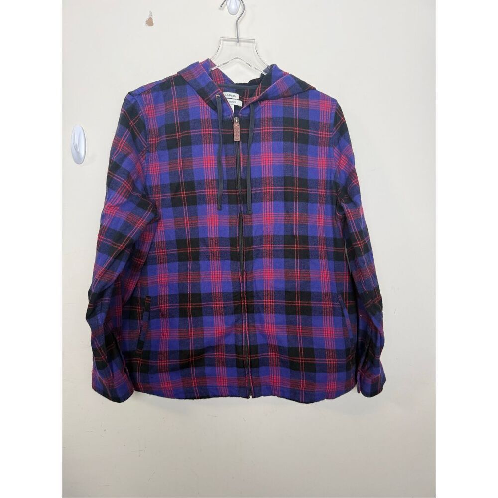 L.L.Bean Women’s Scotch Plaid Flannel Shirt Relaxed Zip Hoodie Purple Red 1X Plu